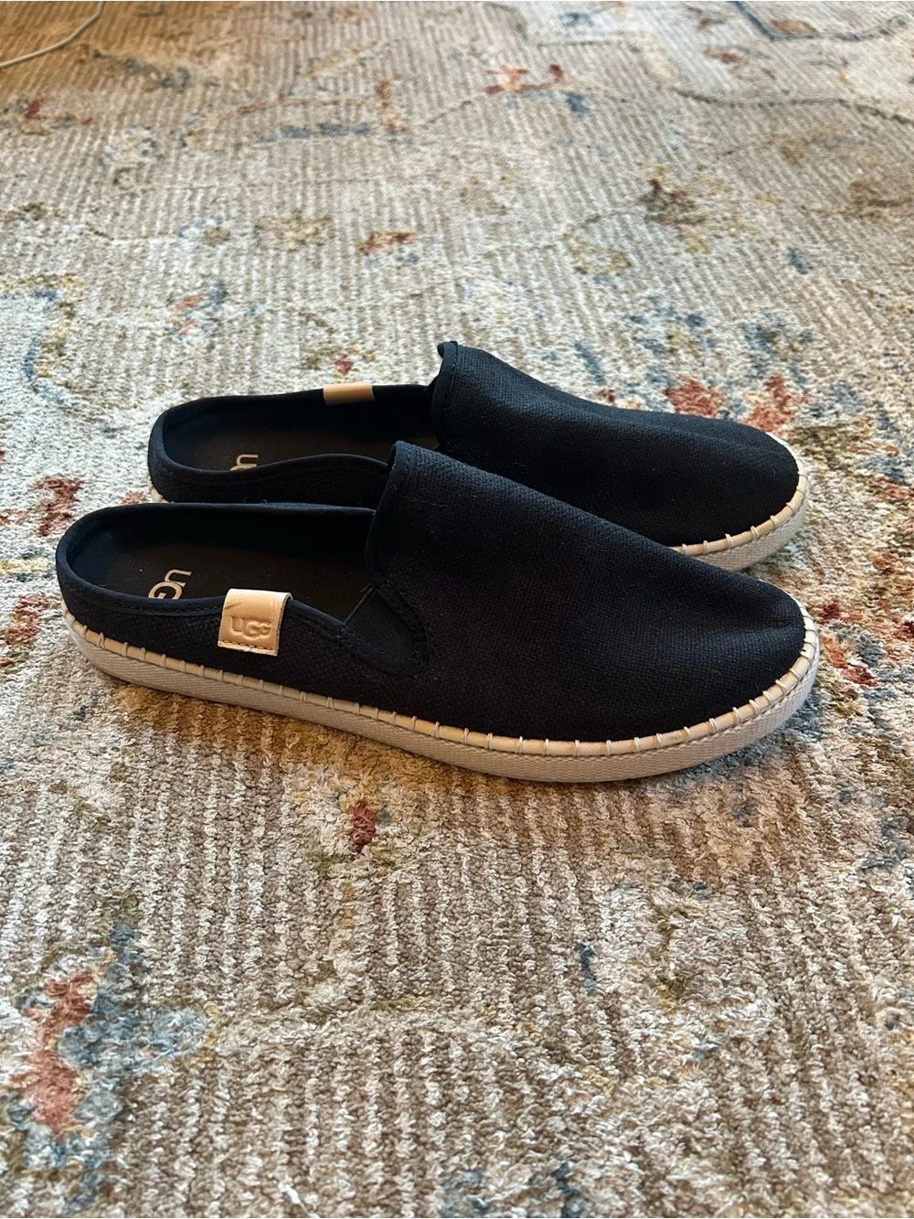 UGG Black Canvas Slip-On Mule Loafers with Cream Trim
